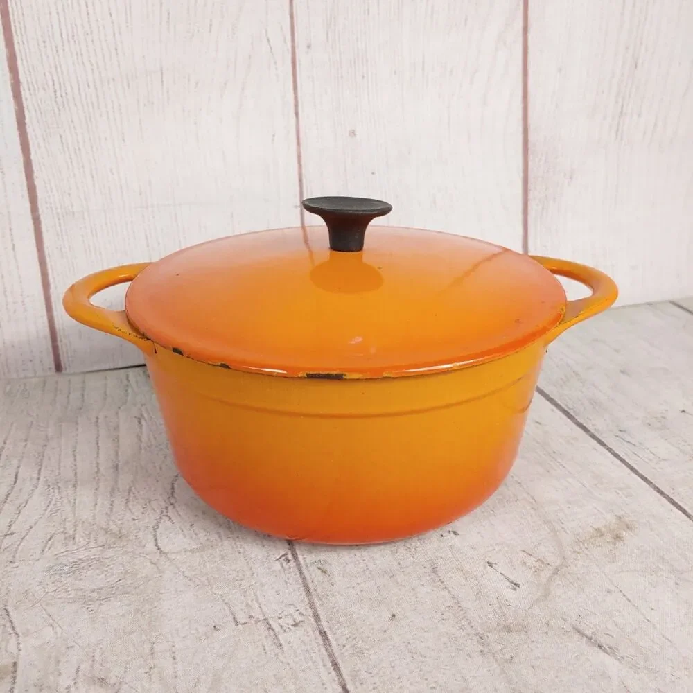 VINTAGE Cousances #16 ENAMELED Cast Iron Sauce Pan - Pot Orange w/ Lid - France